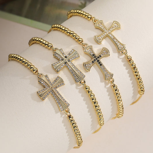 Minimalist 18K Gold Plated Brass Geometric Cross Bracelet with Cubic Zirconia for Women