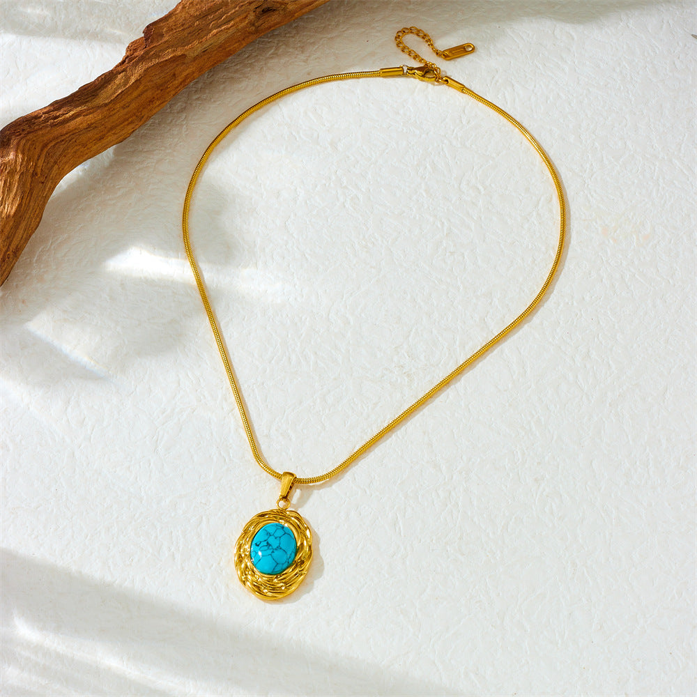 Vintage Geometric Oval Stainless Steel Plated Pendant Snake Chain Necklace for Women