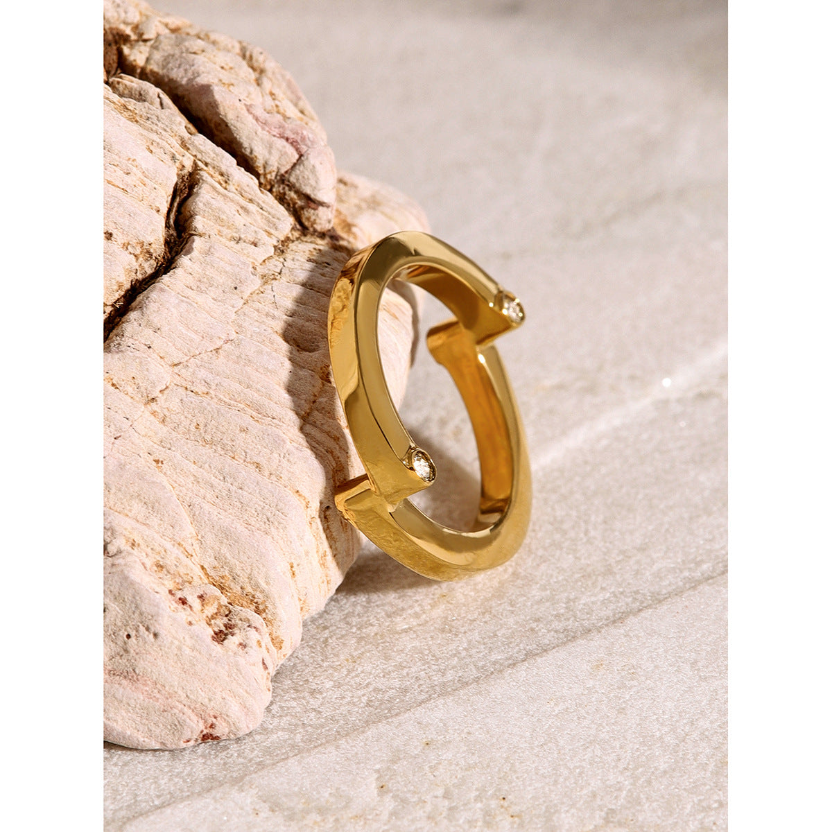 Minimalist 18K Gold Plated Stainless Steel Asymmetric Rhinestone Ring