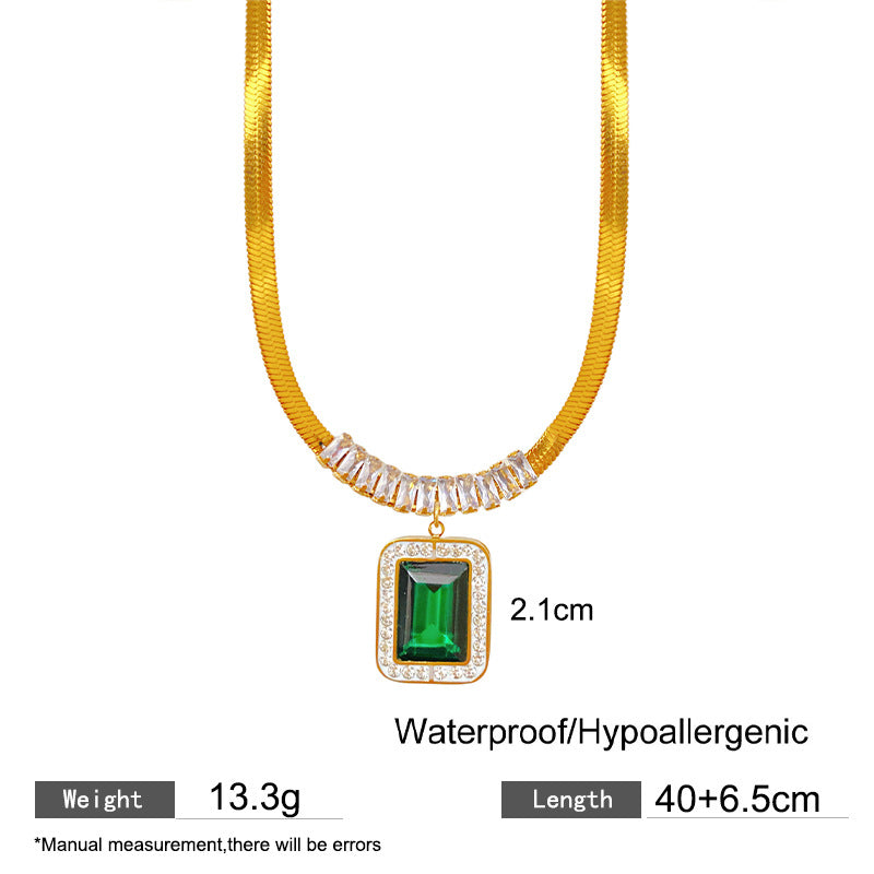 Vintage Geometric Square Plated Titanium Steel Snake Chain Necklace with Cubic Zirconia