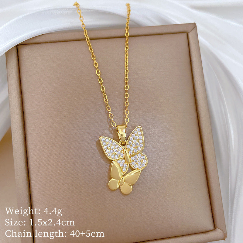 Sweet Minimalist Animal Shape Brass Pendant with Cubic Zirconia Inlay Titanium Steel Necklace for Unisex