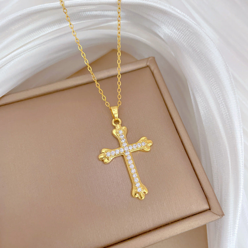 Collana con ciondolo a croce di lusso in acciaio inossidabile con intarsio completo di strass da donna, catenina delicata a forma geometrica