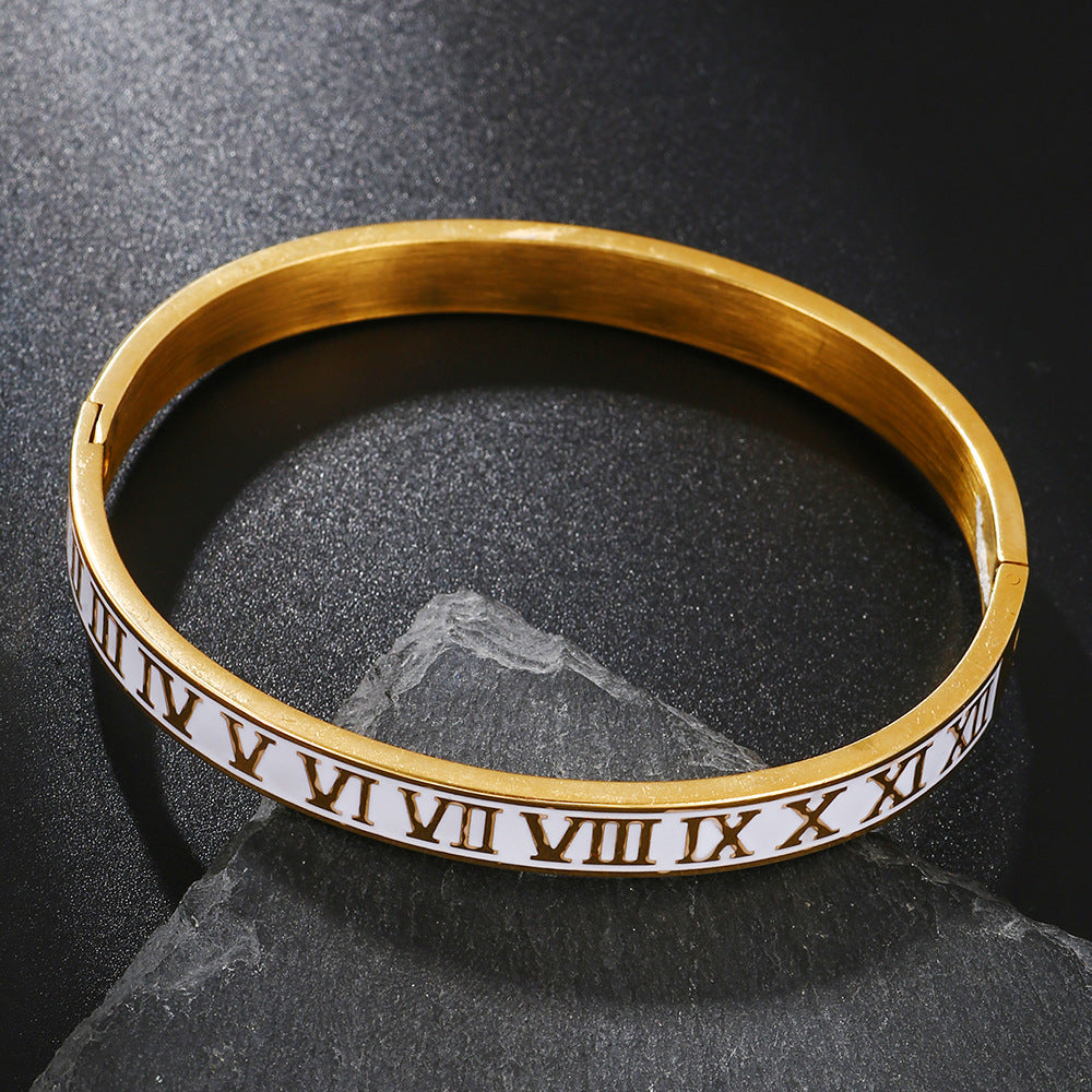 Fashion Unisex Round Roman Number Drip Oil Titanium Steel Bracelet