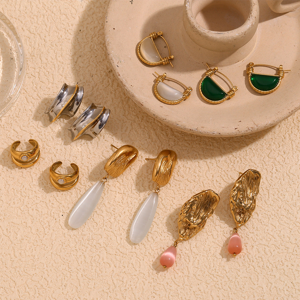 Vintage-Style Teardrop-Shaped Stainless Steel Earrings with 18K Gold Plating and Natural Stone Accents for Women