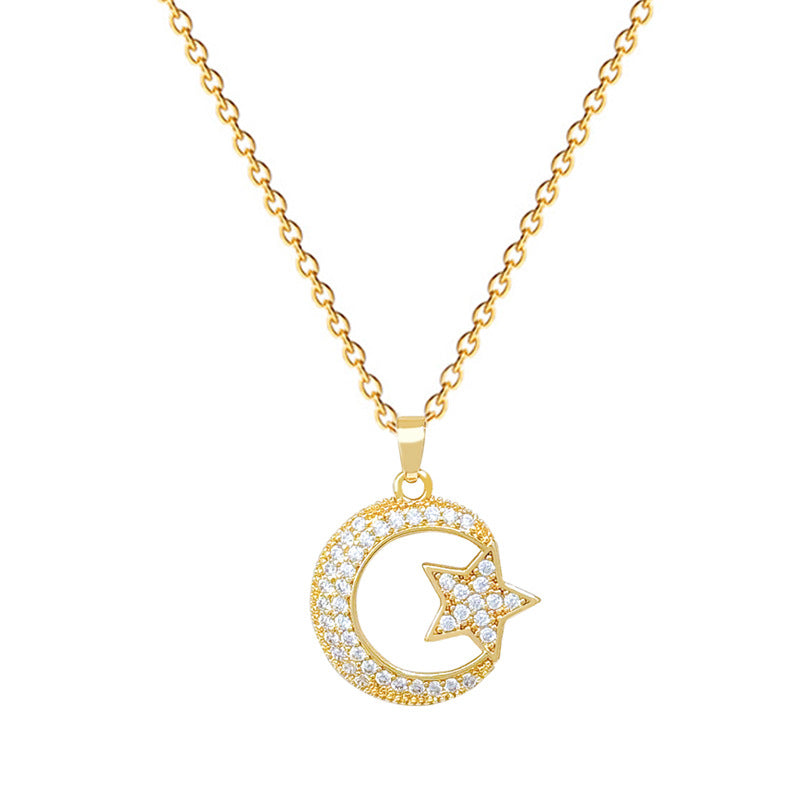 Sweet Star Moon Geometric Titanium Steel Necklace with Cubic Zirconia Brass Pendant for Unisex
