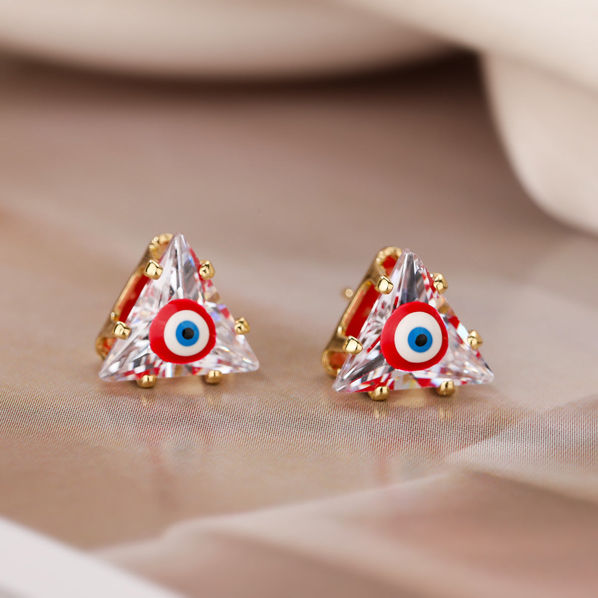 Minimalist Geometric Evil Eye Triangle Stud Earrings for Women in Brass with Micro-Pave Zirconia