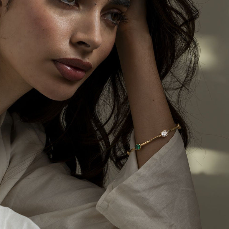 Minimalist Geometric Stainless Steel Bracelet with Rhinestone Accents Plated in 18K Gold Tone Titanium Steel for Women