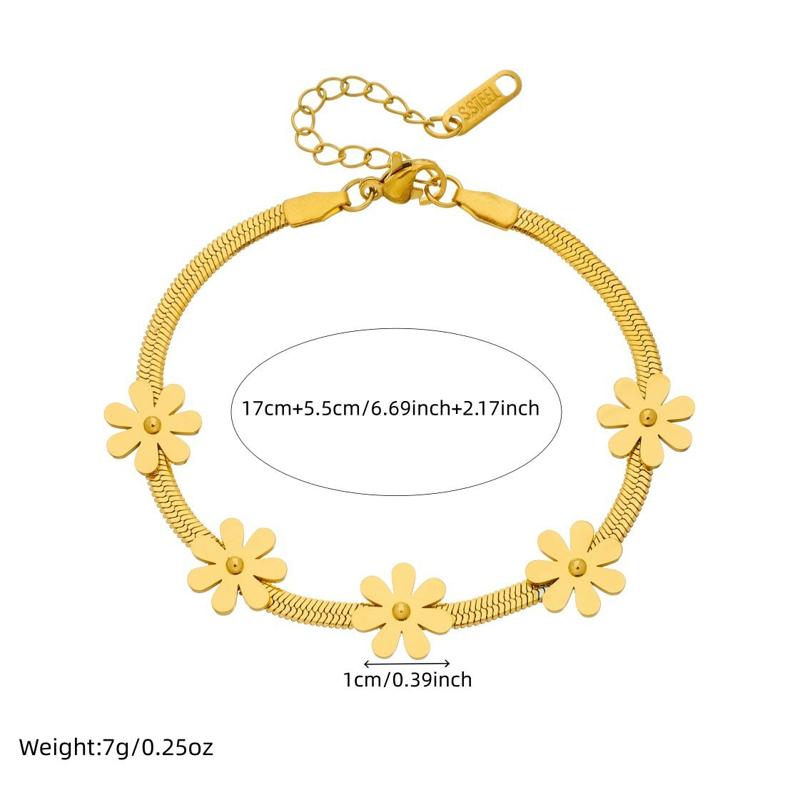 Minimalist Gold Plated Stainless Steel Daisy Pendant Chain Bracelet