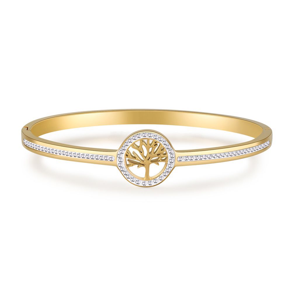 Paved Cubic Zirconia Geometric Round Tree of Life Titanium Steel Bracelet Unisex