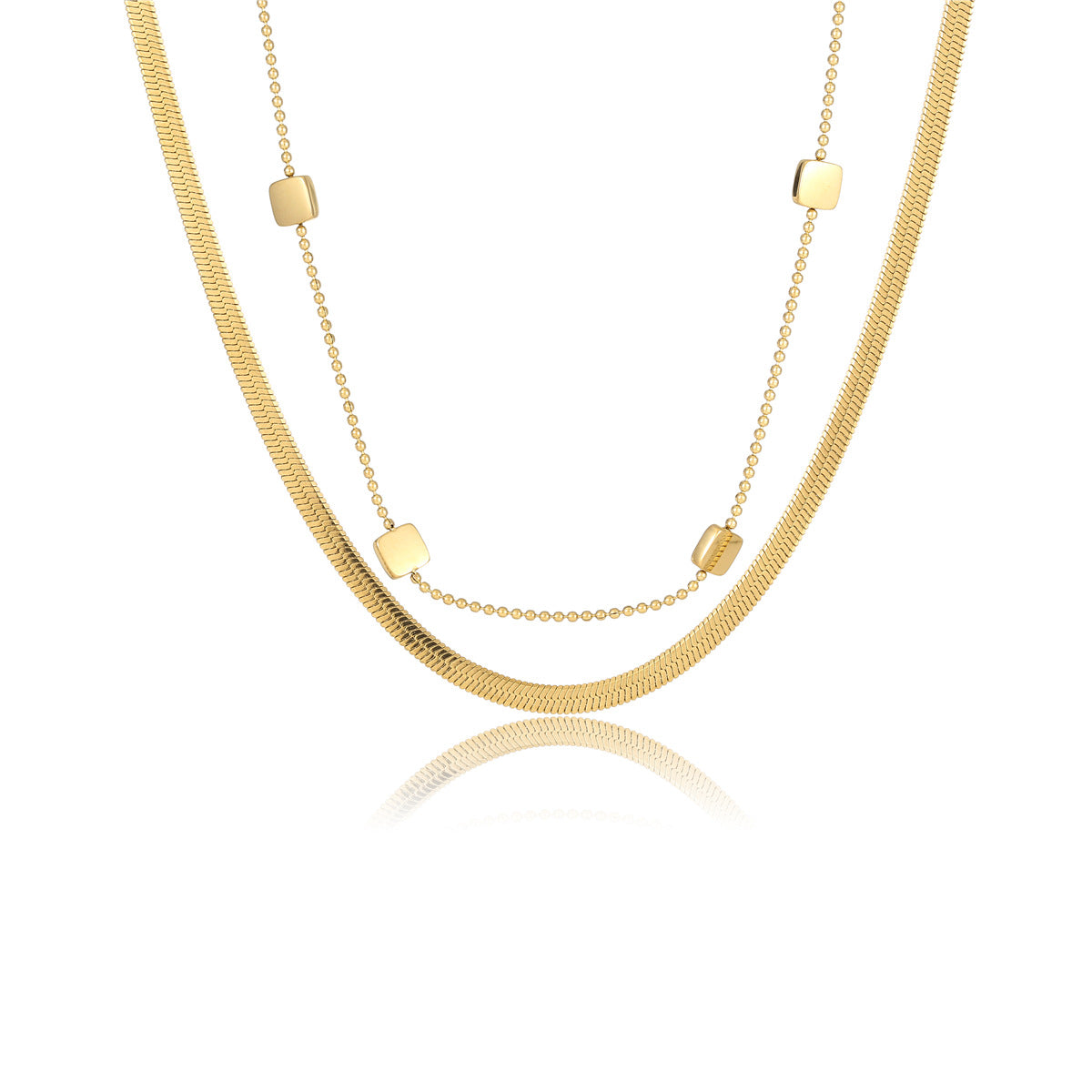 Collana da donna a doppio strato in acciaio inossidabile geometrica minimalista con ciondolo quadrato e finitura placcata