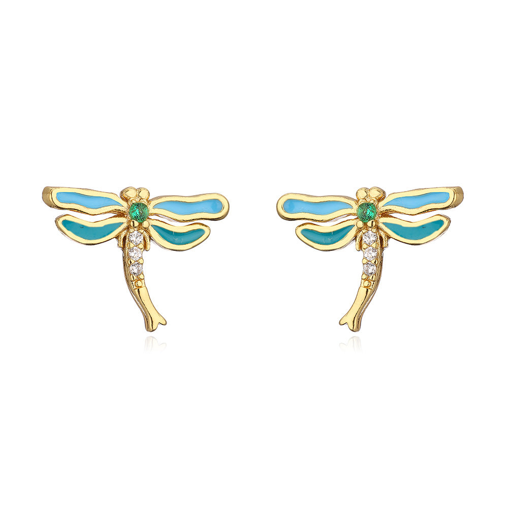 Minimalist Butterfly and Dragonfly Stud Earrings in Copper with 18K Gold Plating and Enamel Finish for Women