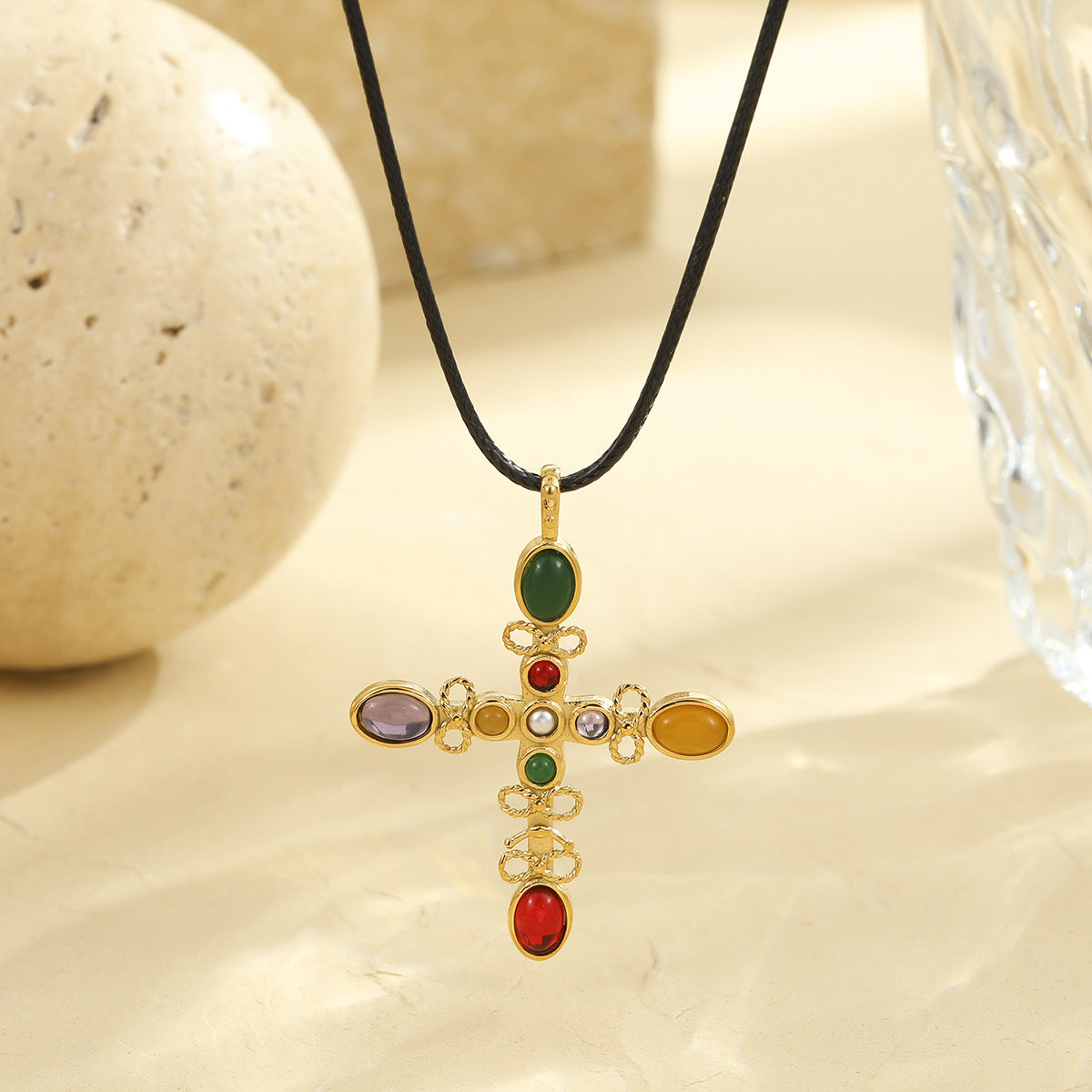 Collana pendente a croce alla moda in acciaio inossidabile con strass da donna