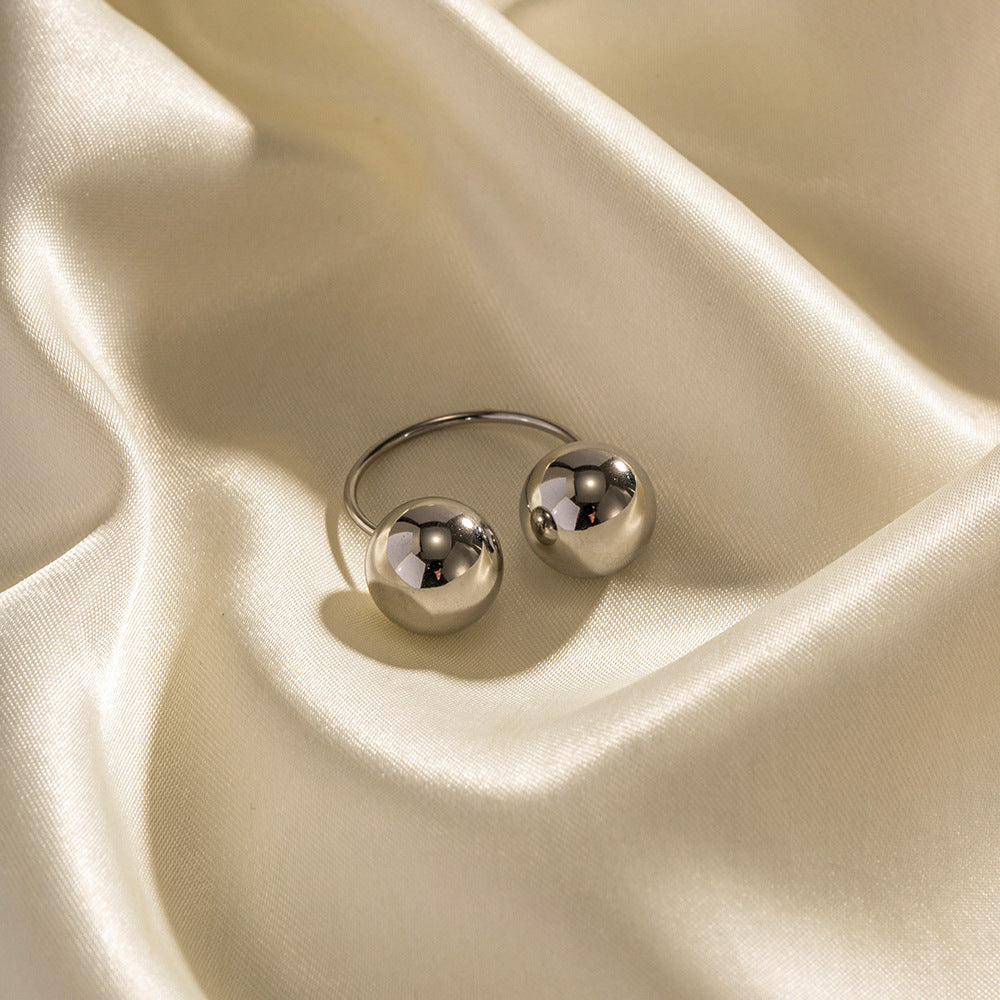 Ins Style Geometric Stainless Steel Plated Double Ball Open Ring for Women