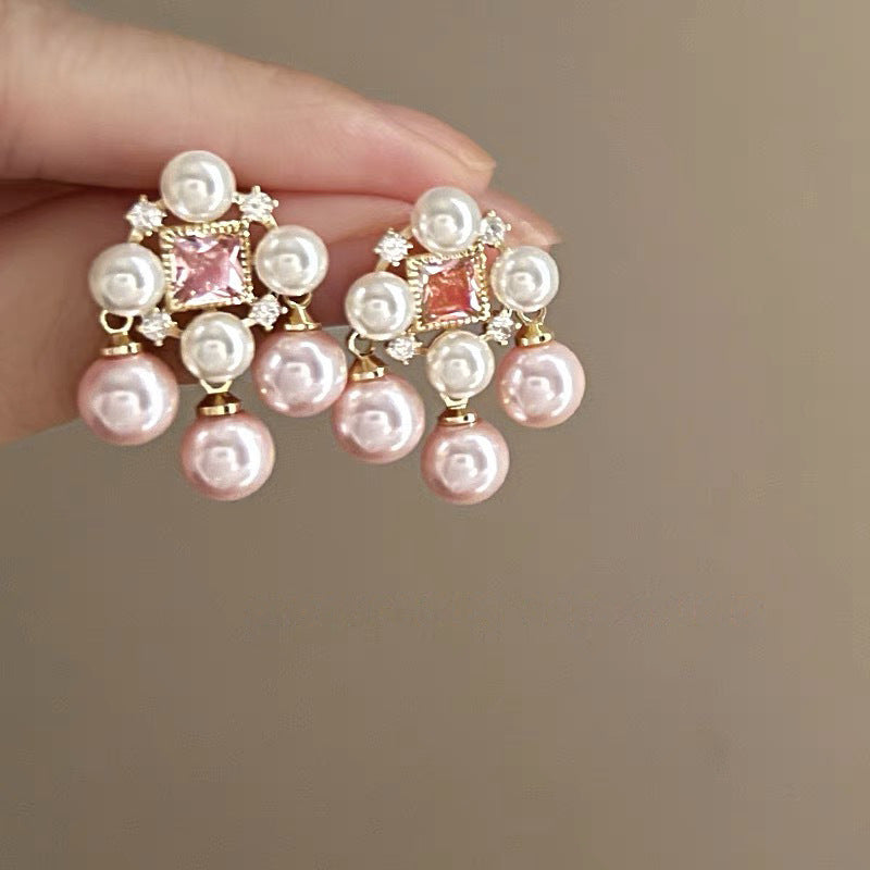 Eleganti Orecchini a Perno da Donna in Stile Francese Vintage con Zirconi Geometrici e Perle Imitazione