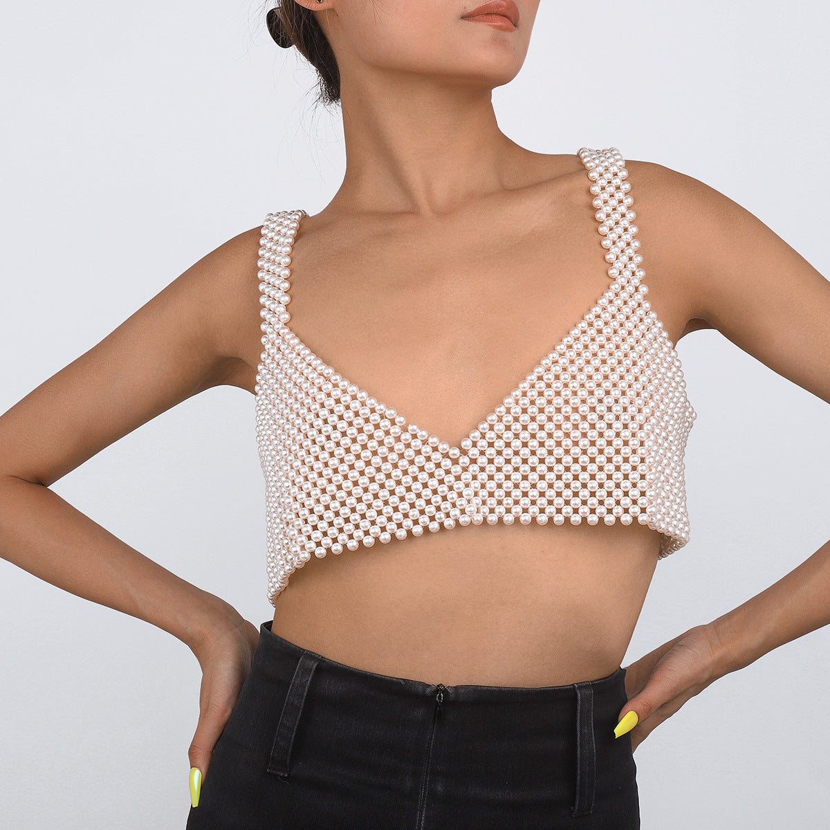Sweet and Edgy Geometric Pearl Body Chain for Women with Beaded Weave Design