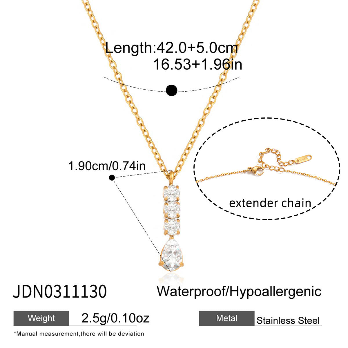 Set di collana con ciondolo a goccia minimalista in acciaio al titanio con intarsio di strass e orecchini in acciaio inossidabile placcato per donna