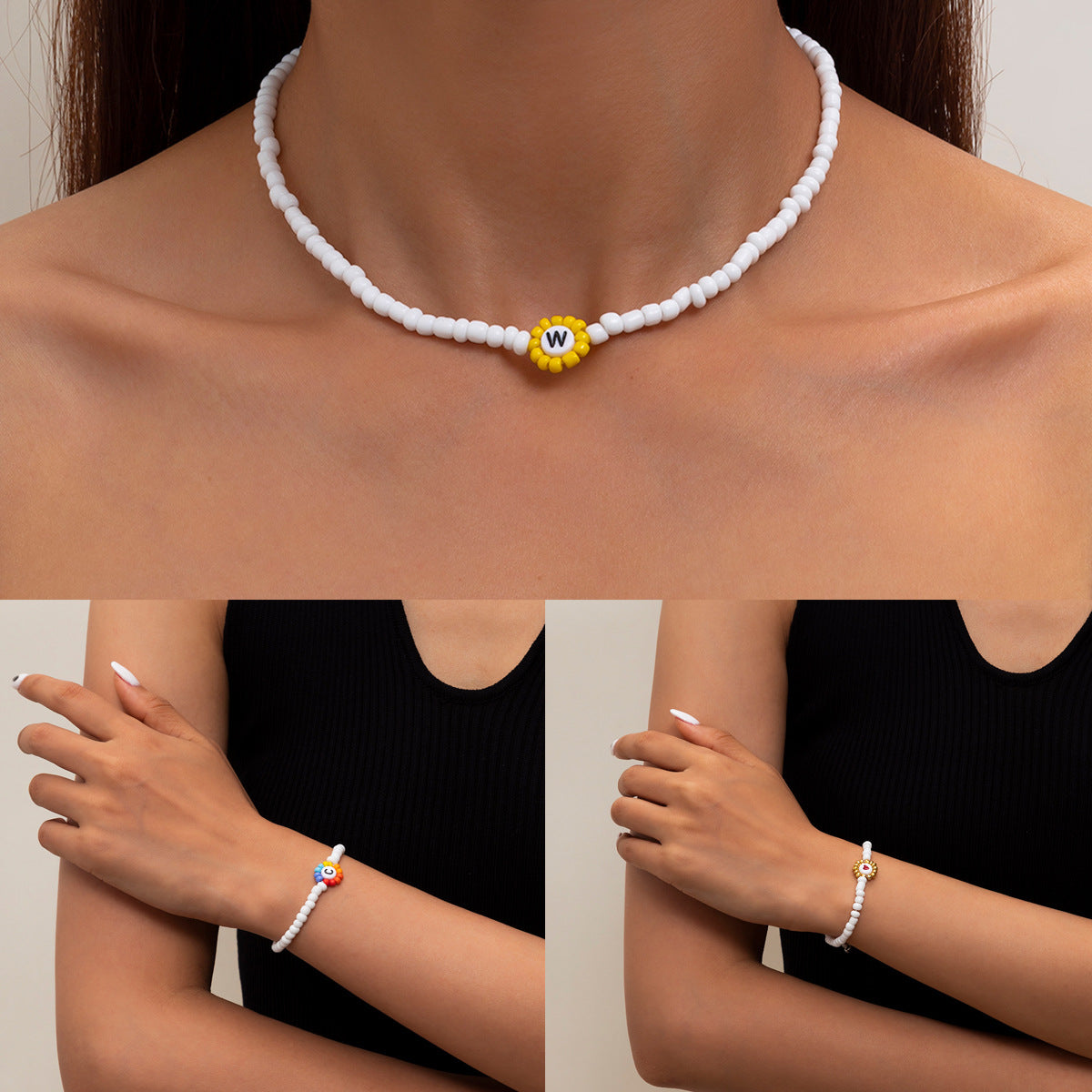 Sweet Minimalist Acrylic Letter Beaded Necklace Plated Ball Chain Floral