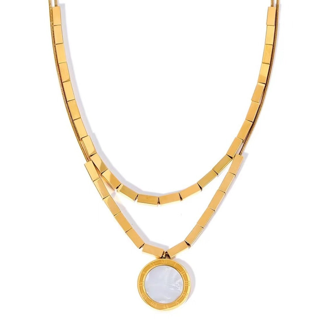 Minimalist Geometric Round Double-Sided Roman Black and White Pendant Necklace in Titanium Steel with Plated Finish on Snake Chain