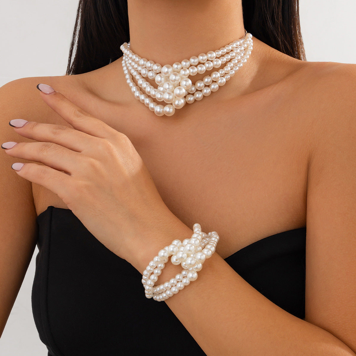 Elegant Luxury Geometric Faux Pearl Plated Alloy Ball Chain Choker Necklace for Women