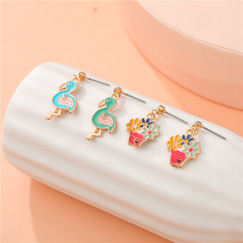 Cartoon Floral Bird Pendant Earrings for Girls Alloy Enamel Dangle Earrings Sweet Princess Style