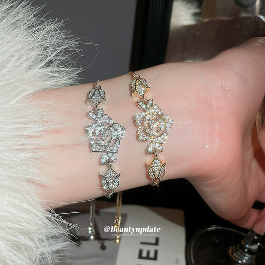 Elegant Floral Hand Chain for Women with Zircon Inlay in Copper, Luxe Minimalist Style Bracelet