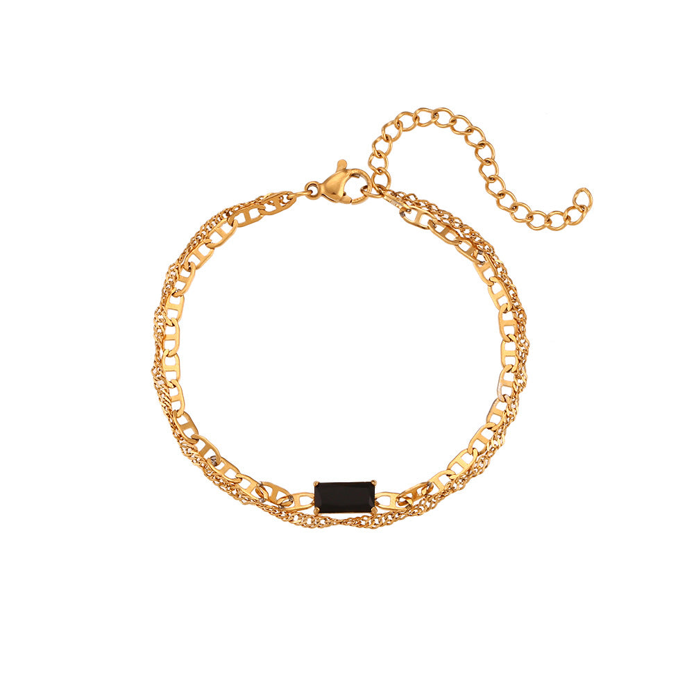Pulsera de doble capa de lujo minimalista con diseño de nariz de cerdo y olas en acero inoxidable con chapado en oro de 18 quilates y acentos de circonita rectangular