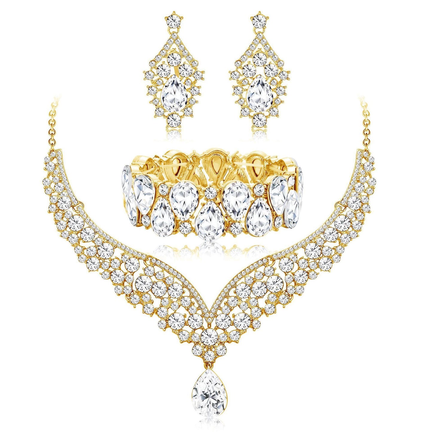 Elegant Heart and Teardrop Shaped Rhinestone Pendant Necklace Set with Electroplated O-Chain, Earrings and Bracelet for Women