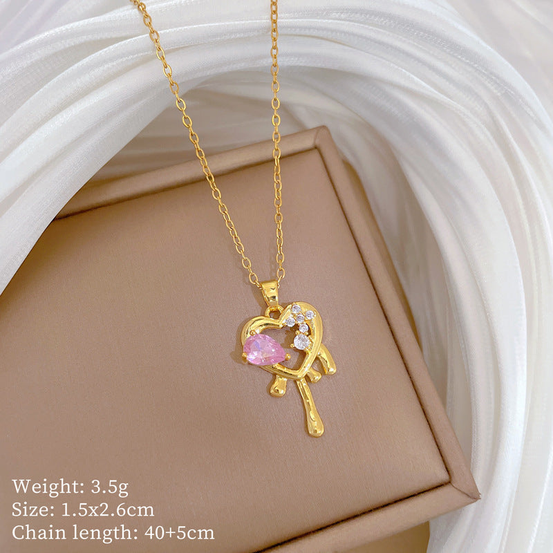 Collana da donna in acciaio inossidabile con cuore romantico e motivo floreale, intarsi in strass, elegante catena per clavicola