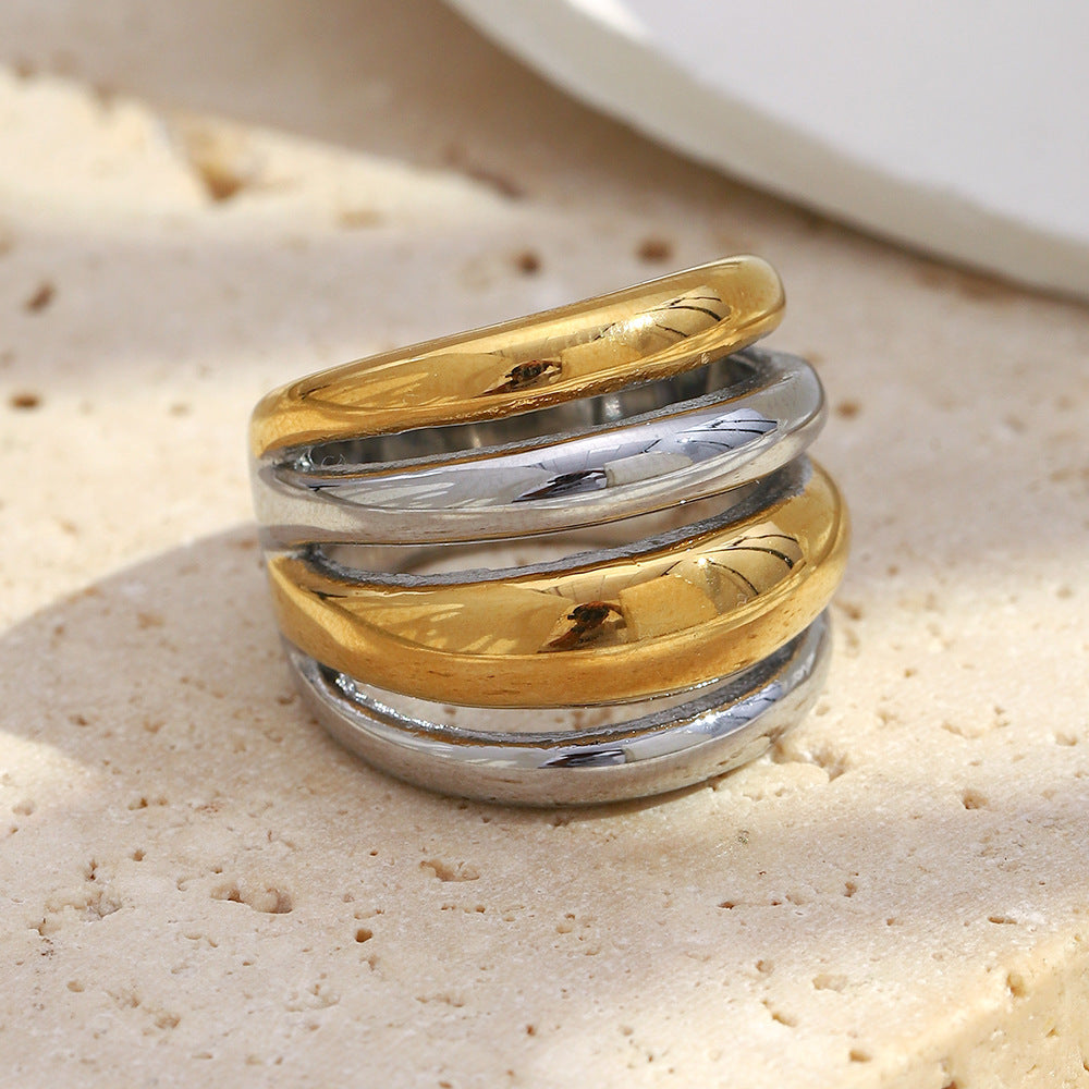 Minimalist Geometric Stainless Steel Ring Set for Women with 18K Gold Plating, Fashionable Casual Stackable Band