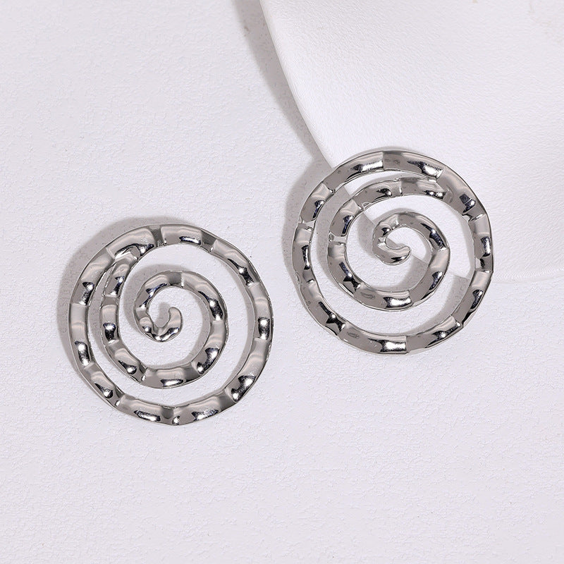 Minimalist 18K Gold Plated Round Stainless Steel Earrings with Spiral Pattern