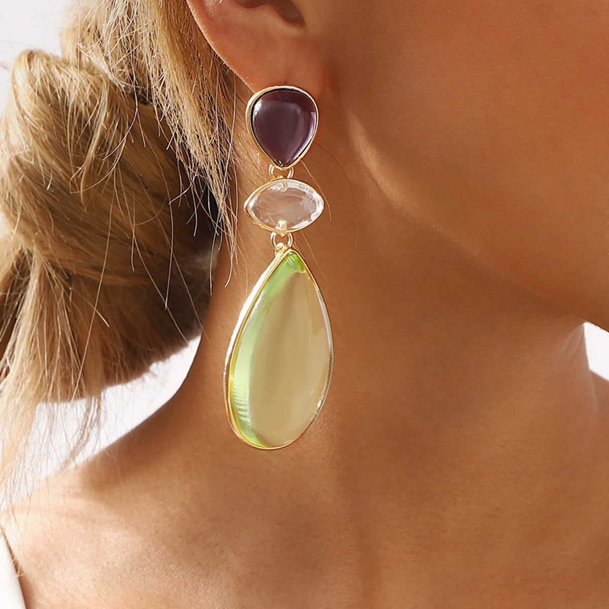 Pendientes de resina geométrica con postes de acero inoxidable, base de aleación galvanizada, en forma de gota de agua para mujer