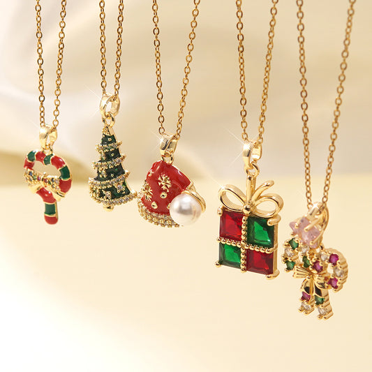 Collana Lusso in Acciaio Inossidabile con Albero di Natale, Pupazzo di Neve e Fiocco, con Ciondolo in Ottone Intarsiato in Vetro, per Donna