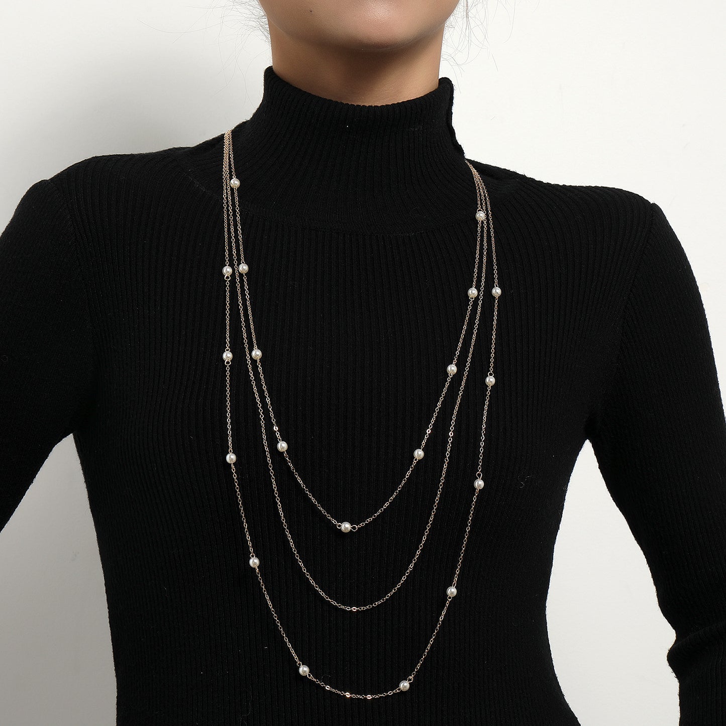 Long Elegant Layered Pearl-Style Necklace for Women Geometric Pendant Necklace
