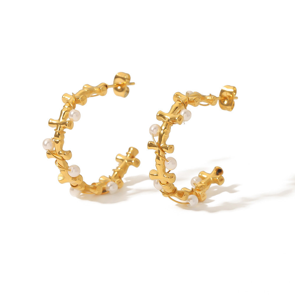 Minimalist Geometric Stainless Steel C-Shaped Earrings with Pearl Inlay Vacuum-Plated in 18K Gold for Women