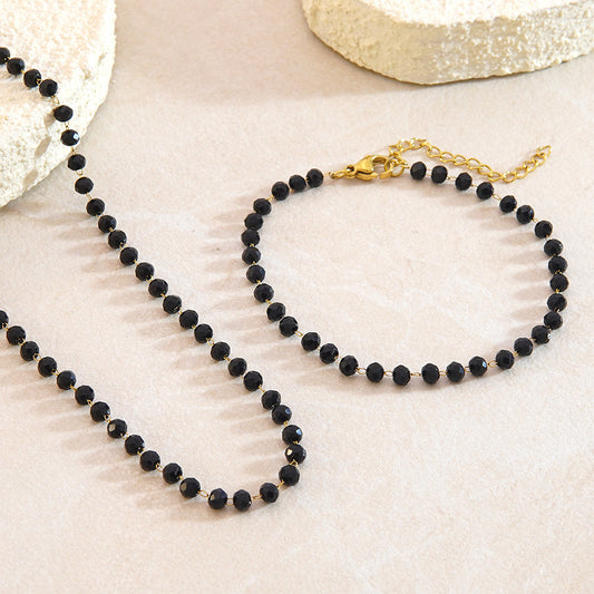 Set di Bracciale e Collana Bohemien Minimalista Rotondo Geometrico in Acciaio Inox Placcato con Perline da Donna
