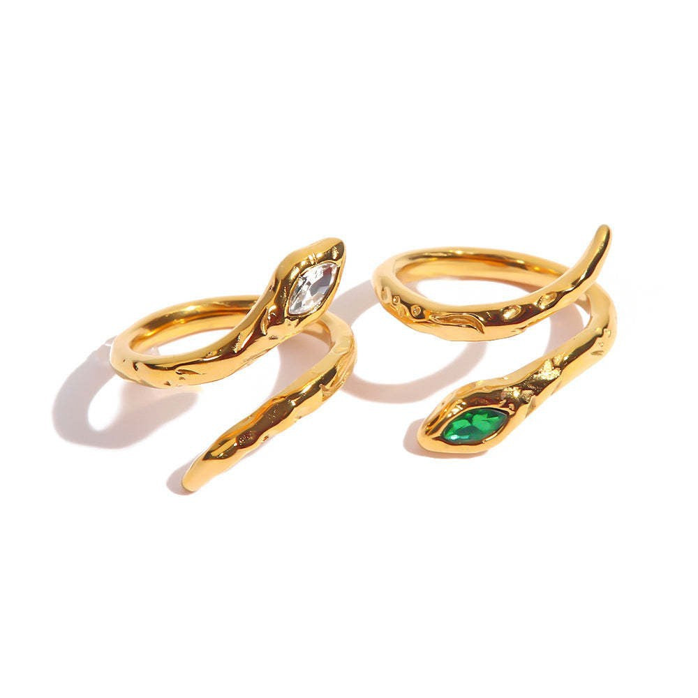 Set di orecchini, bracciale e anello da donna in acciaio al titanio a forma di serpente, placcato e alla moda