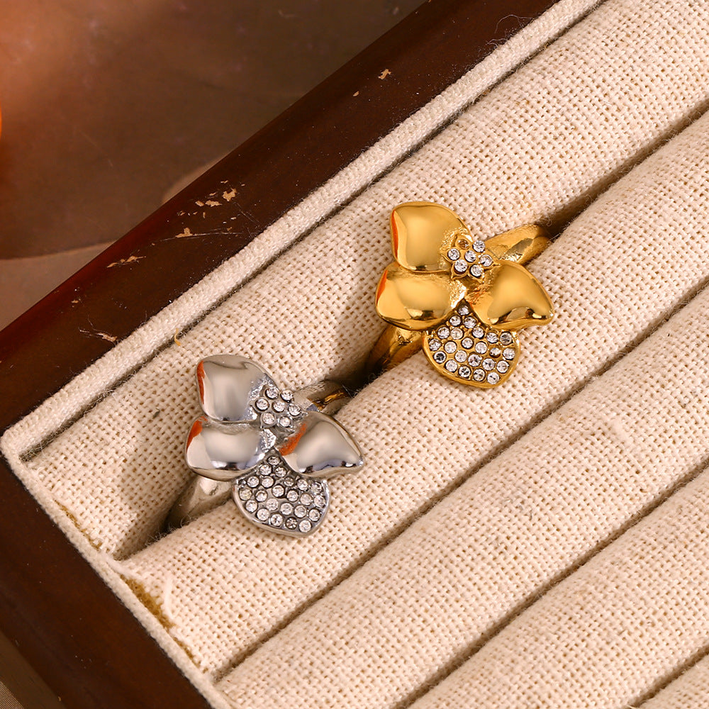 Elegant Asymmetrical Flower-Shaped Stainless Steel Ring with 18K Gold Plating and Rhinestone Accents for Women