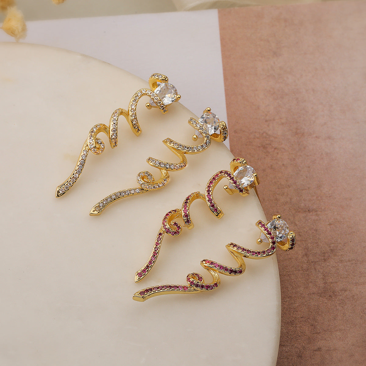 Geometric Dangle Stud Earrings for Women with Gold-Plated Copper Base and Zircon Inlay in Modern Minimalist Style