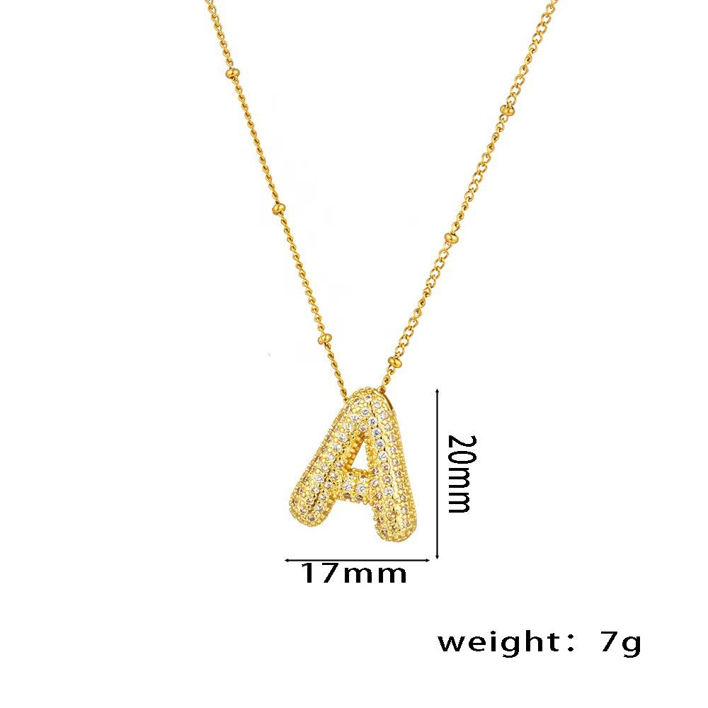 Collana con ciondolo a lettera in zirconi micro-pavé placcato oro 18 carati, catena di perline in acciaio inossidabile/acciaio al titanio, gioielli unisex alla moda per pendolari