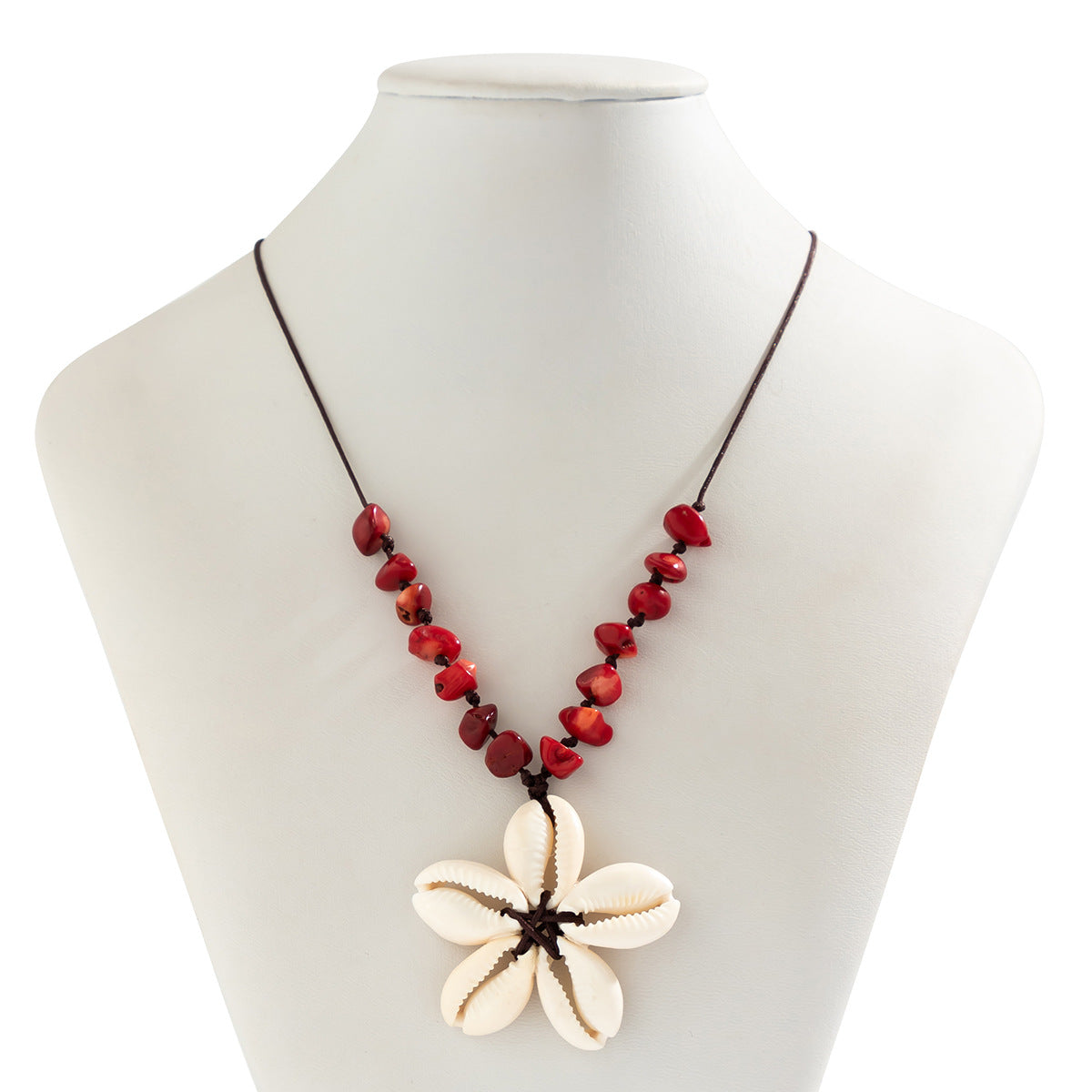 Collana regolabile in stile etnico con conchiglia e ciondolo a fiore con dettagli turchesi da donna
