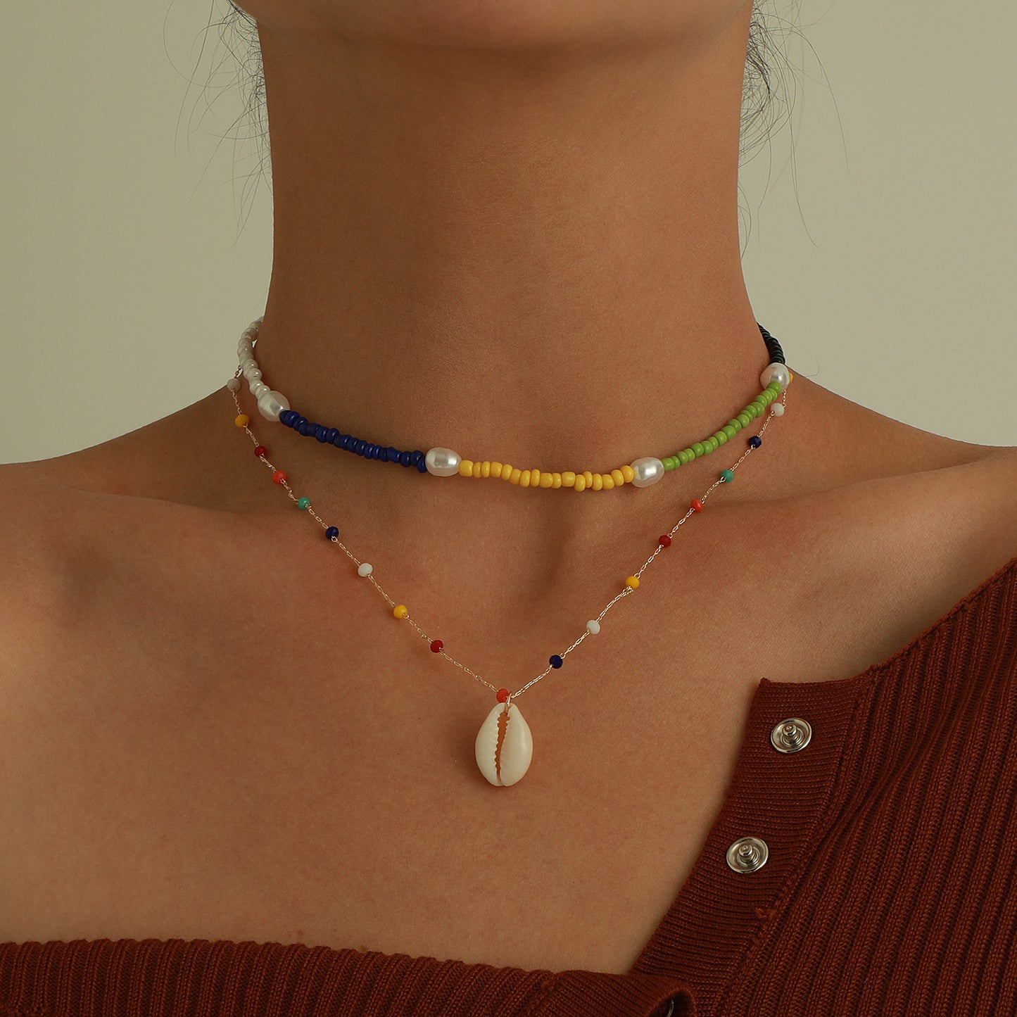 Minimalist Geometric Beaded Shell Pendant Necklace for Women with Pearl and Colorful Beads on Ball Chain