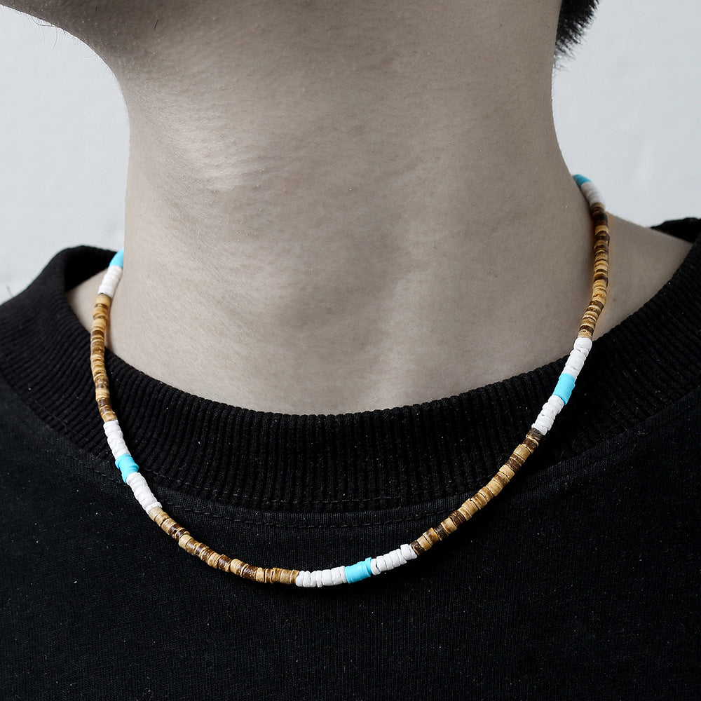 Bohemian Vintage Ethnic Punk Hip-hop Geometric Round Wood Bead Stainless Steel Ball Chain Necklace