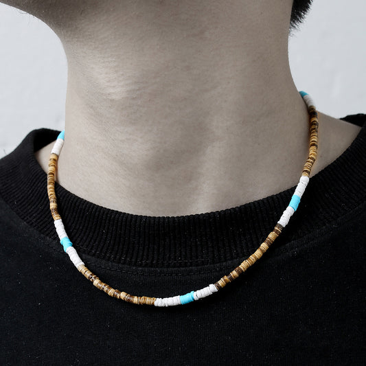 Bohemian Vintage Ethnic Punk Hip-hop Geometric Round Wood Bead Stainless Steel Ball Chain Necklace