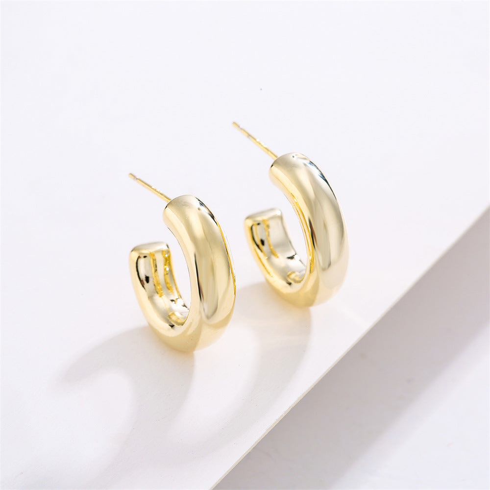 Minimalist 14K Gold Plated Geometric Half-Round Brass Earrings with 925 Sterling Silver Posts for Women