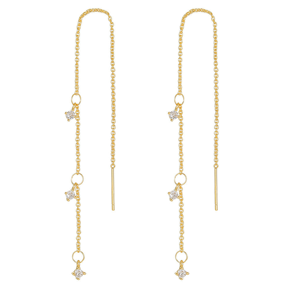 Luxury Gold Plated Brass Geometric Round Cubic Zirconia Long Tassel Drop Earrings for Women