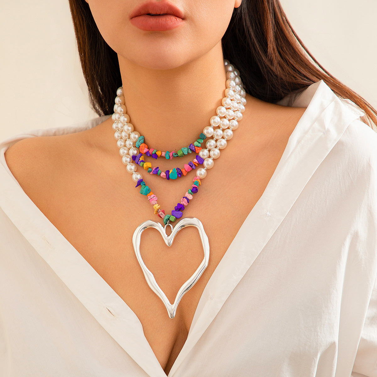 Vintage Heart Turquoise Inlay Alloy Pendant Resin Beaded Necklace for Women