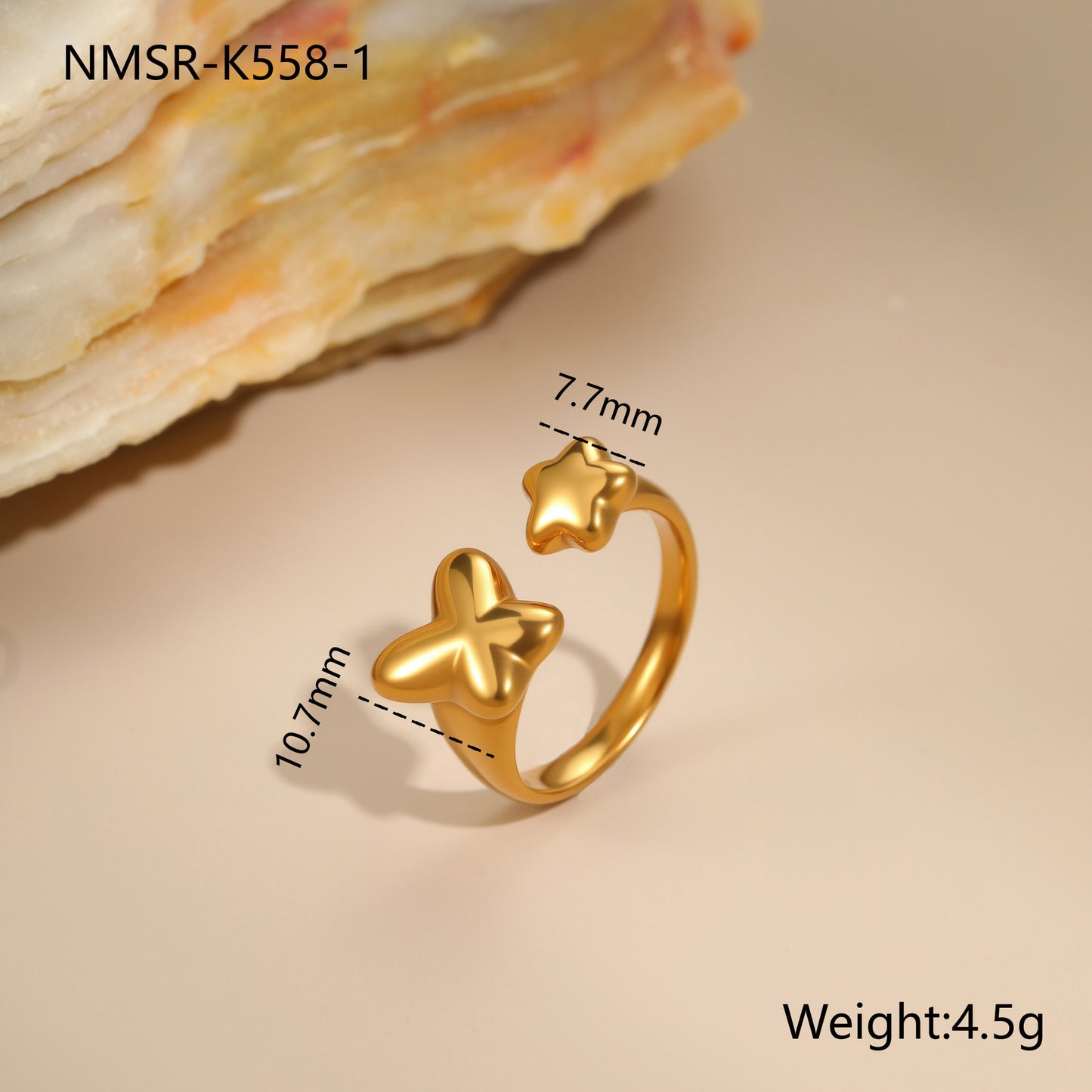 Minimalist Stainless Steel Star-Shaped Geometric Open Ring with 18K Gold Plating for Women