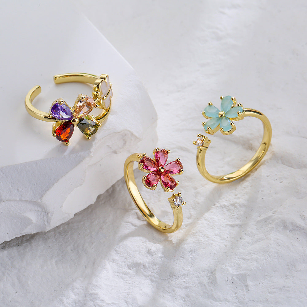 Minimalist Floral Geometric Copper Ring with 18K Gold Plating and Zircon Inlay for Women