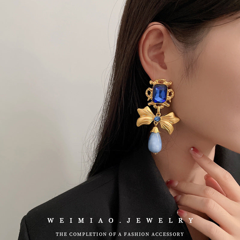 Vintage Bow-Shaped Rhinestone-Set Drop Earrings in Stainless Steel with Metallic Finish for Women