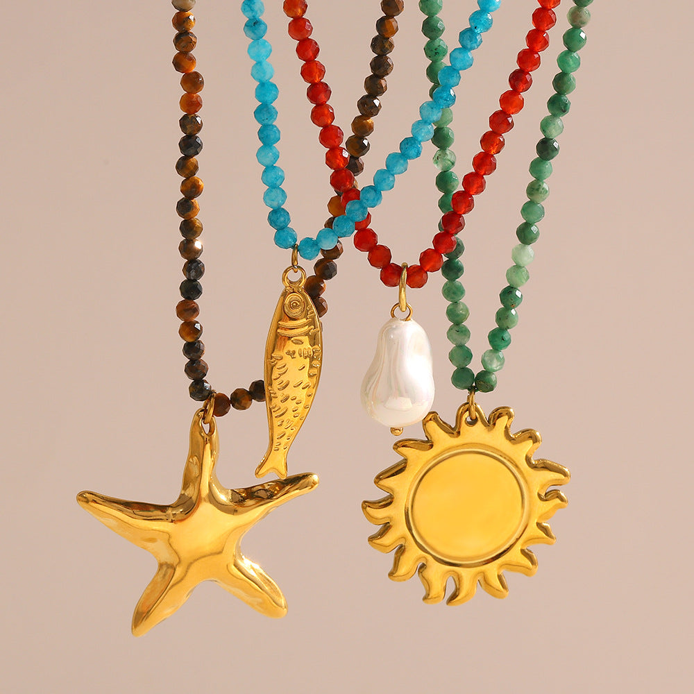 Fashionable Geometric Stainless Steel Plated 18K Gold Sun Starfish Salmon Pearl Pendant Necklace for Women